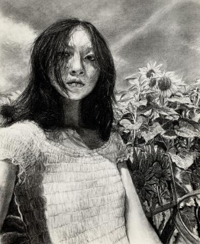 No Resolution by Alice YI - a pencil drawing of a girl in front of a sunflower field